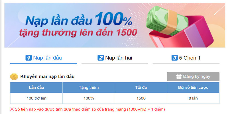 Nạp lần đầu nhận liền tay 100% thưởng